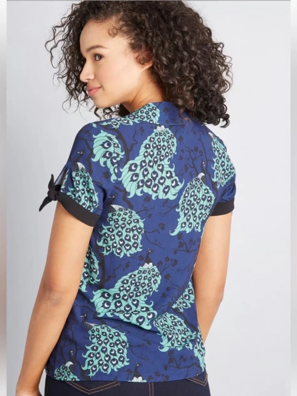 ModCloth × Dupenny Ideal Discovery Peacock Print Short Sleeve Top size L